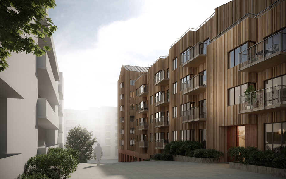 Vy längs med gata kantad av flerbostadshus med fasad av träribbor, illustration.